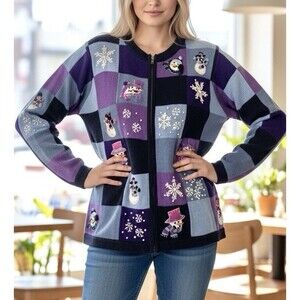 Vintage BP Design Christmas Snowman Sweater Purple Patchwork Zip-Up Y2K